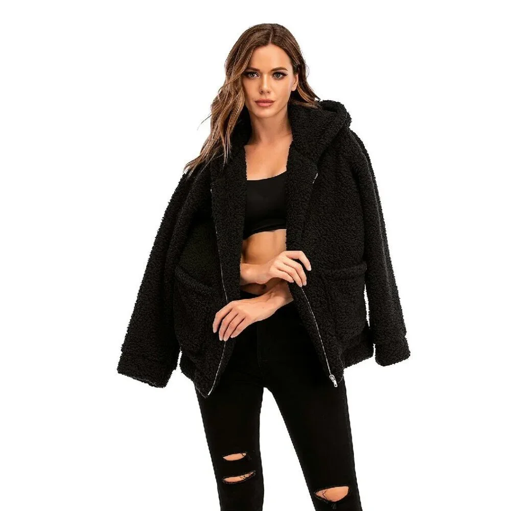 Oversized Faux Shearling Hooded Jacket - Fleece Lined Winter Coat